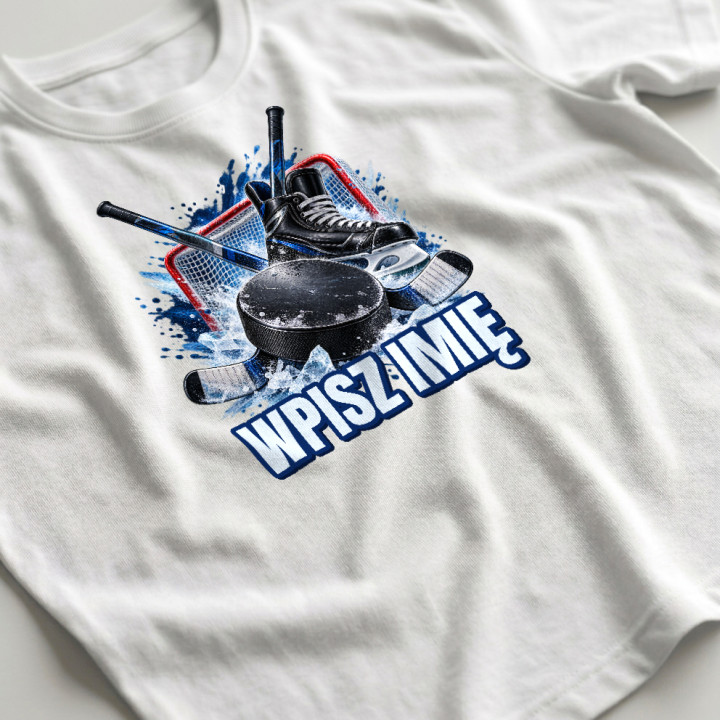 Hokej (imię) - krążek, kije i łyżwa - męska koszulka na prezent - produkt personalizowany