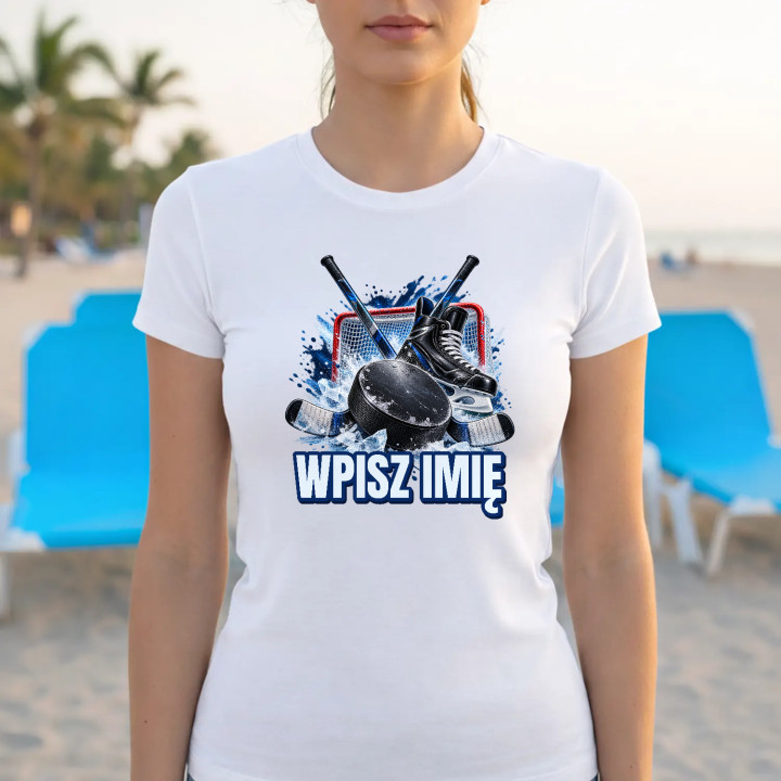 Hokej (imię) - krążek, kije i łyżwa - damska koszulka na prezent - produkt personalizowany