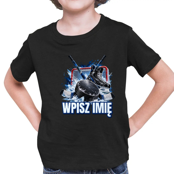 Hokej (imię) - krążek, kije i łyżwa - dziecięca koszulka na prezent - produkt personalizowany