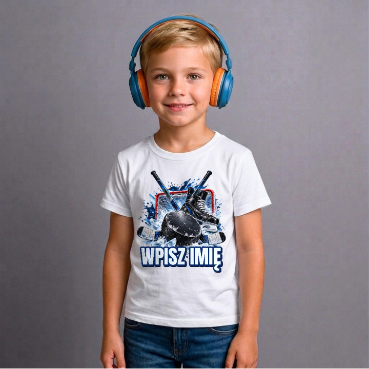 Hokej (imię) - krążek, kije i łyżwa - dziecięca koszulka na prezent - produkt personalizowany