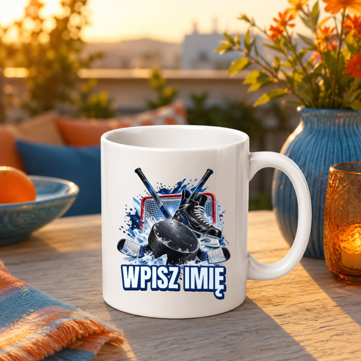 Hokej (imię) - krążek, kije i łyżwa - kubek na prezent - produkt personalizowany