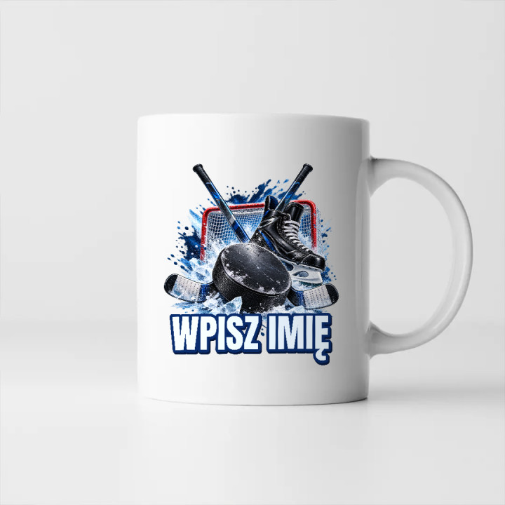 Hokej (imię) - krążek, kije i łyżwa - kubek na prezent - produkt personalizowany