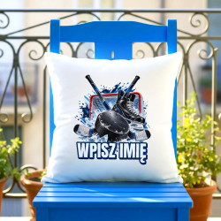 Hokej (imię) - krążek, kije i łyżwa - poduszka na prezent - produkt personalizowany