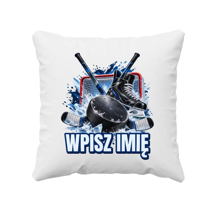 Hokej (imię) - krążek, kije i łyżwa - poduszka na prezent - produkt personalizowany