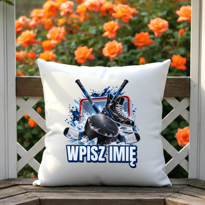 Hokej (imię) - krążek, kije i łyżwa - poduszka na prezent - produkt personalizowany