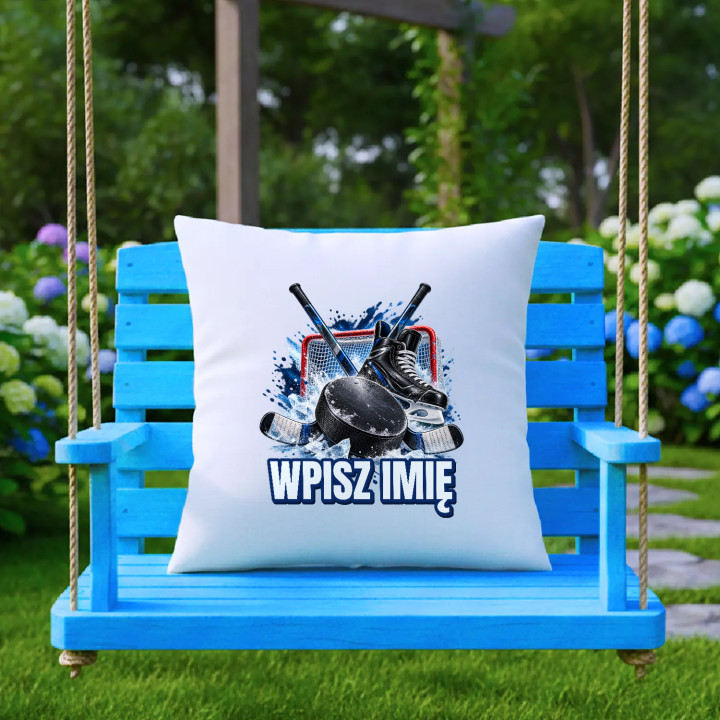 Hokej (imię) - krążek, kije i łyżwa - poduszka na prezent - produkt personalizowany