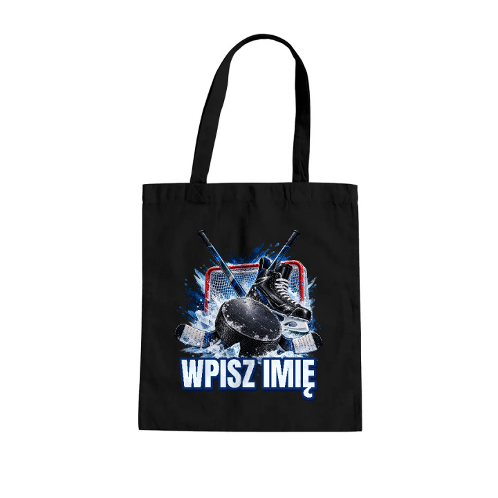 Hokej (imię) - krążek, kije i łyżwa - torba bawełniana na prezent - produkt personalizowany