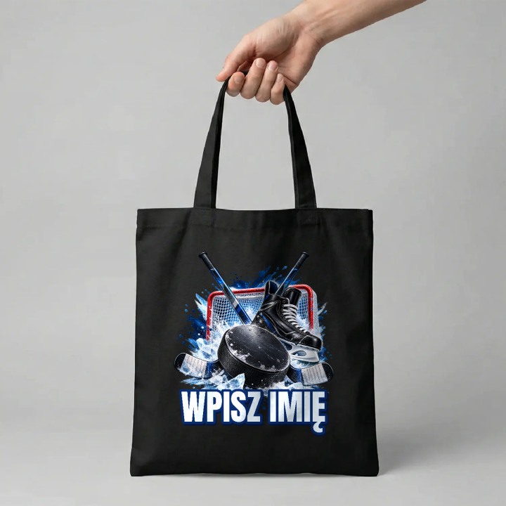 Hokej (imię) - krążek, kije i łyżwa - torba bawełniana na prezent - produkt personalizowany