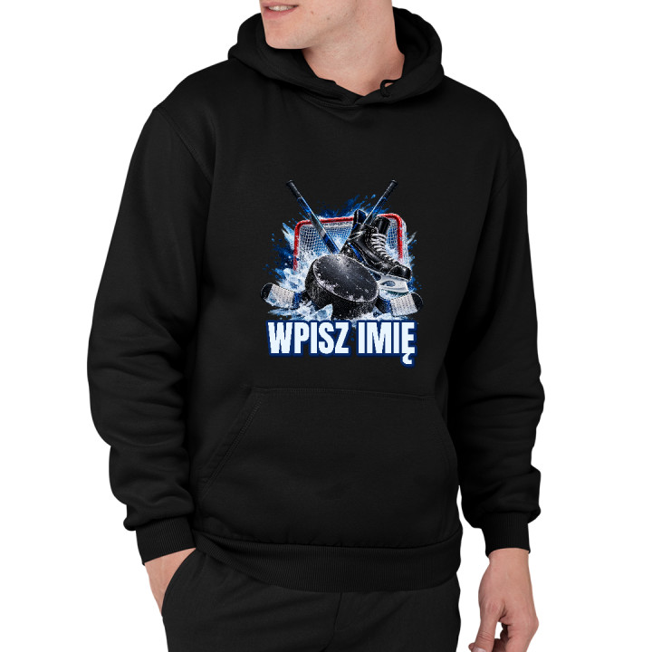 Hokej (imię) - krążek, kije i łyżwa - męska bluza na prezent - produkt personalizowany