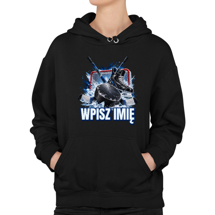 Hokej (imię) - krążek, kije i łyżwa - damska bluza na prezent - produkt personalizowany