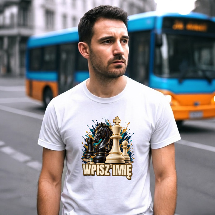 Szachy (imię) - skoczek, król i pionek - męska koszulka na prezent - produkt personalizowany