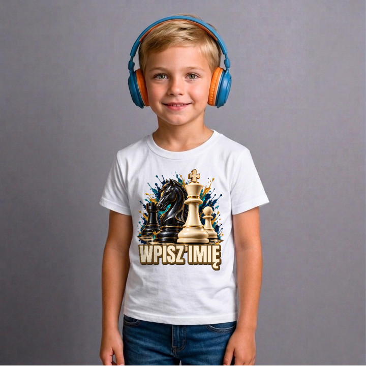Szachy (imię) - skoczek, król i pionek - dziecięca koszulka na prezent - produkt personalizowany