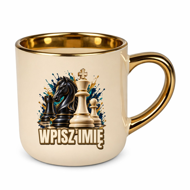 Szachy (imię) - skoczek, król i pionek - kubek elegancki na prezent - produkt personalizowany