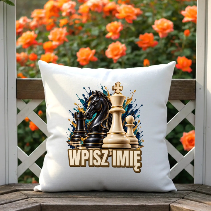 Szachy (imię) - skoczek, król i pionek - poduszka na prezent - produkt personalizowany