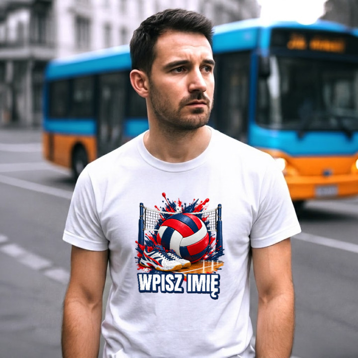 Siatkówka (imię) - piłka, siatka i buty - męska koszulka na prezent - produkt personalizowany