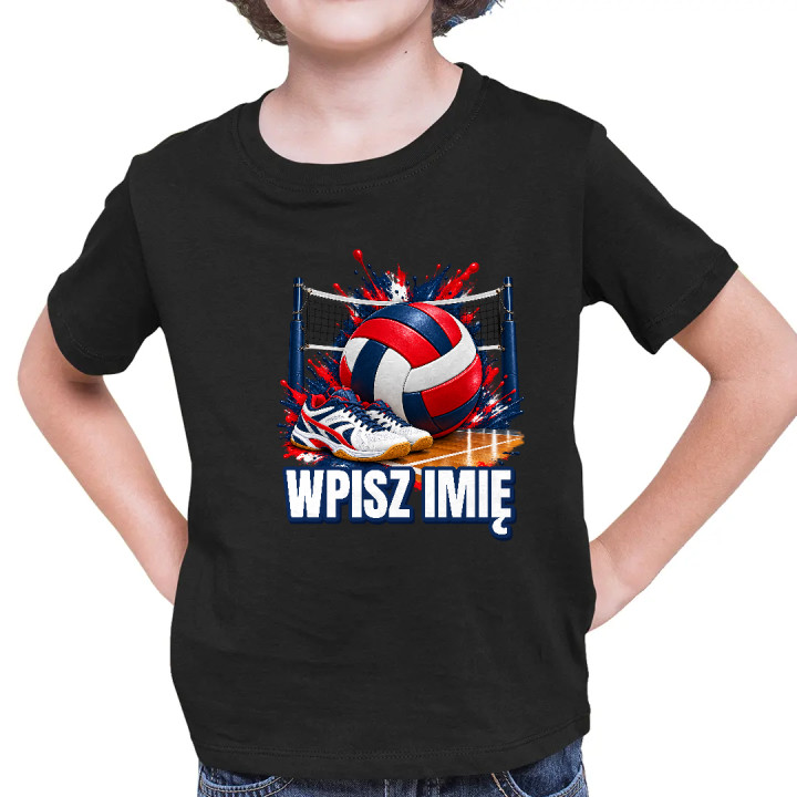 Siatkówka (imię) - piłka, siatka i buty - dziecięca koszulka na prezent - produkt personalizowany