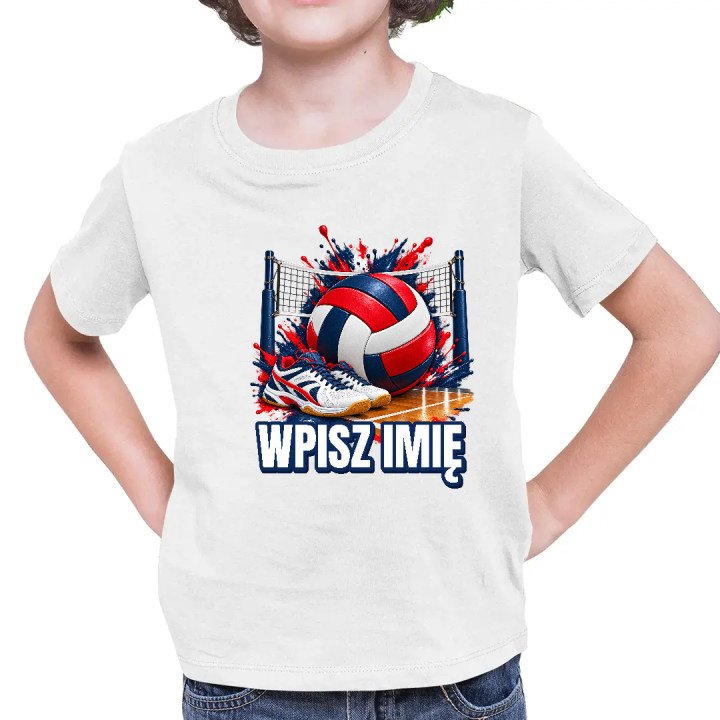 Siatkówka (imię) - piłka, siatka i buty - dziecięca koszulka na prezent - produkt personalizowany