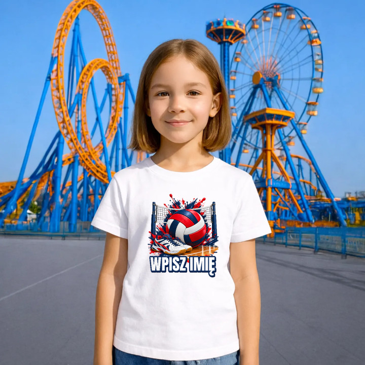 Siatkówka (imię) - piłka, siatka i buty - dziecięca koszulka na prezent - produkt personalizowany