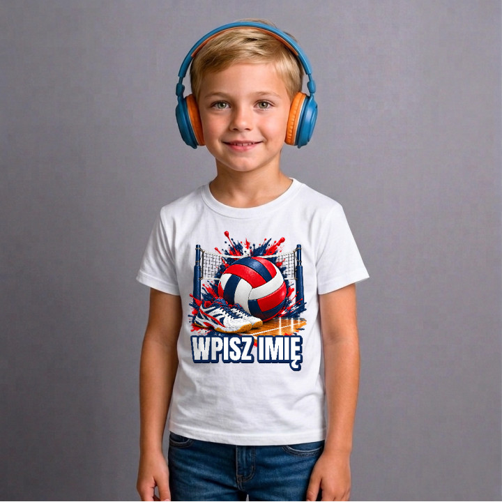 Siatkówka (imię) - piłka, siatka i buty - dziecięca koszulka na prezent - produkt personalizowany