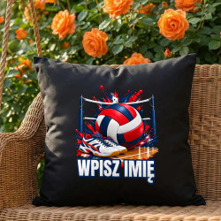 Siatkówka (imię) - piłka, siatka i buty - czarna poduszka na prezent - produkt personalizowany
