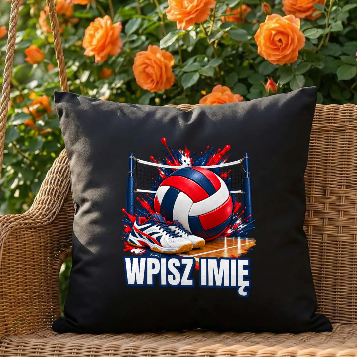 Siatkówka (imię) - piłka, siatka i buty - czarna poduszka na prezent - produkt personalizowany