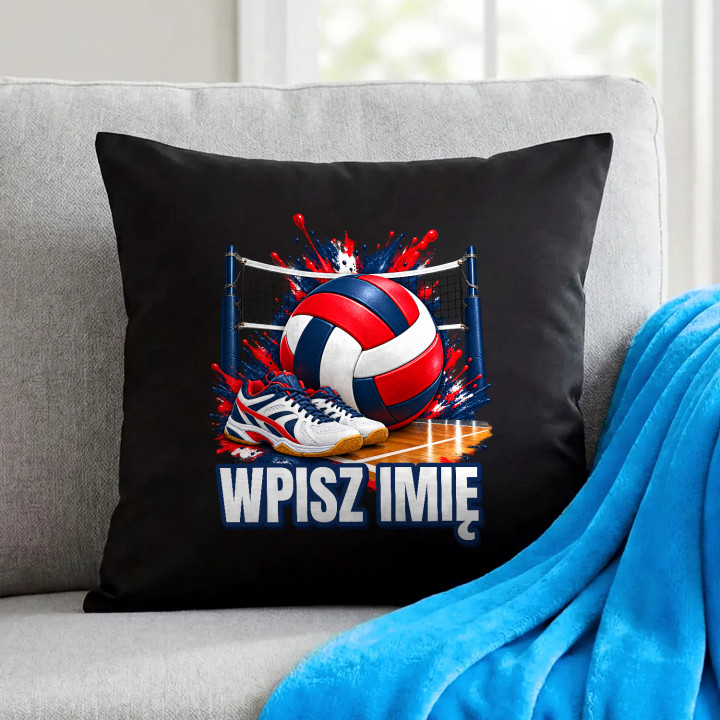 Siatkówka (imię) - piłka, siatka i buty - czarna poduszka na prezent - produkt personalizowany