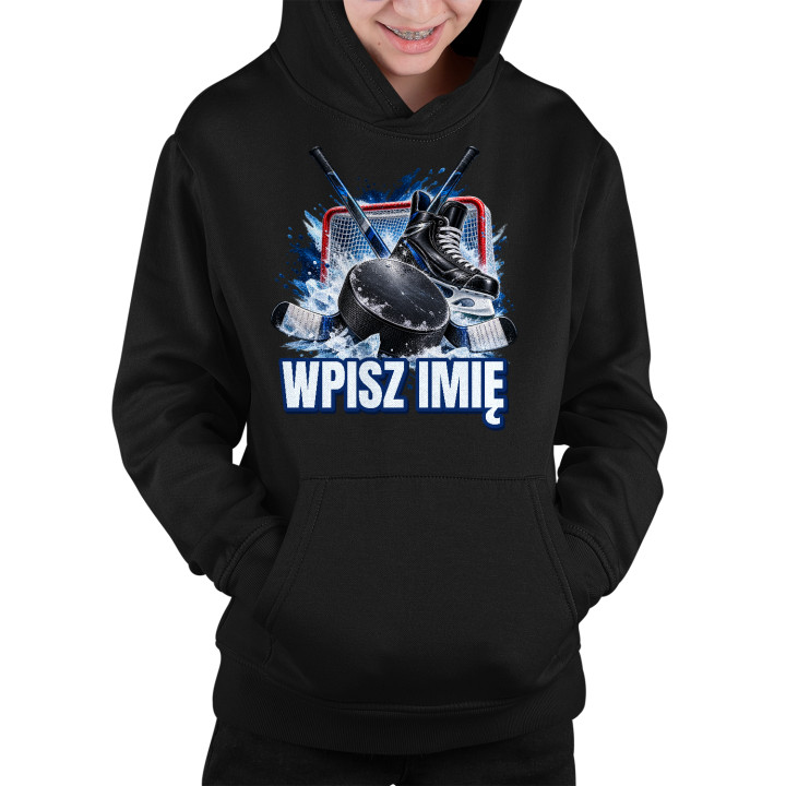 Hokej (imię) - krążek, kije i łyżwa - dziecięca bluza na prezent - produkt personalizowany