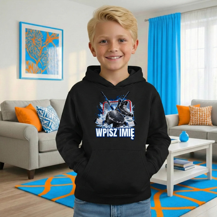 Hokej (imię) - krążek, kije i łyżwa - dziecięca bluza na prezent - produkt personalizowany