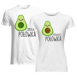 Komplet dla pary - Pierwsza połówka (damska) Druga połówka (męska) wersja 1 - koszulki z nadrukiem