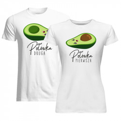 Komplet dla pary - Pierwsza połówka (damska) Druga połówka (męska) wersja 2 - koszulki z nadrukiem