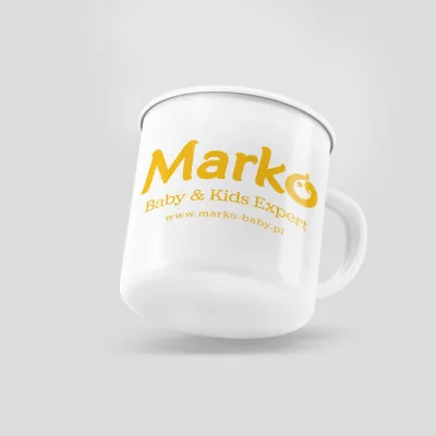 Biały kubek emaliowany z nadrukiem logo Marko