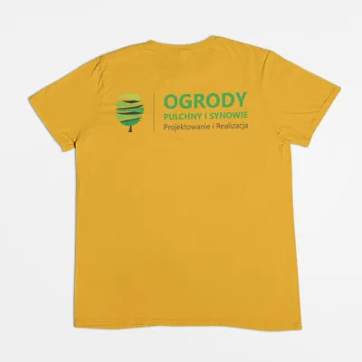 Żółta koszulka z nadrukiem logo firmy ogrodniczej